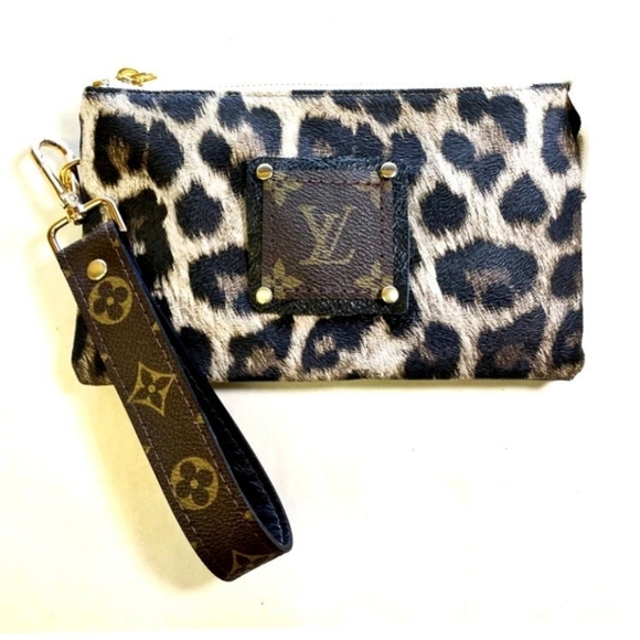 Glam Girl Fashion Handbags - Vegan Leather Leopard Wristlet/Crossbody Adorned with Authentic LV Leather
